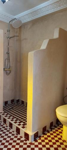a bathroom with a shower with a yellow toilet at Riad Barroko in Marrakech