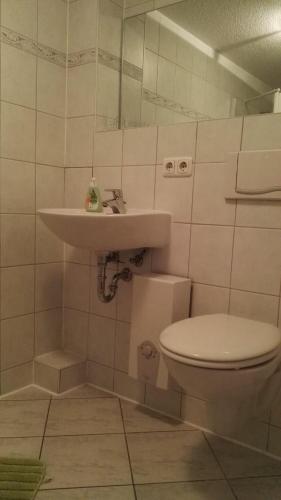 a bathroom with a toilet and a sink at Feriendomizil-Roger-Wohnung-1 in Leipzig