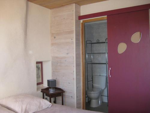 een slaapkamer met een bed en een badkamer met een toilet bij GITE AUBERGE DU BUECH à ASPREMONT- 05 HAUTES ALPES in Aspremont