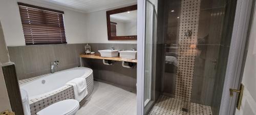 a bathroom with a tub and a toilet and a sink at DullVino House Dullstroom in Dullstroom