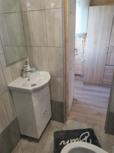 a bathroom with a sink and a toilet at La 3 Casute in Nufăru