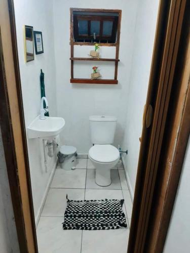 a bathroom with a toilet and a sink at Chácara - Usina Atibaia in Atibaia