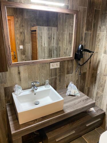 ein Bad mit einem Waschbecken und einem Spiegel in der Unterkunft HOTEL NATURE LE LOFT in Pierrelatte