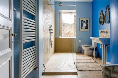 Villa Maris في Félines-Minervois: حمام ازرق مع دش ومرحاض