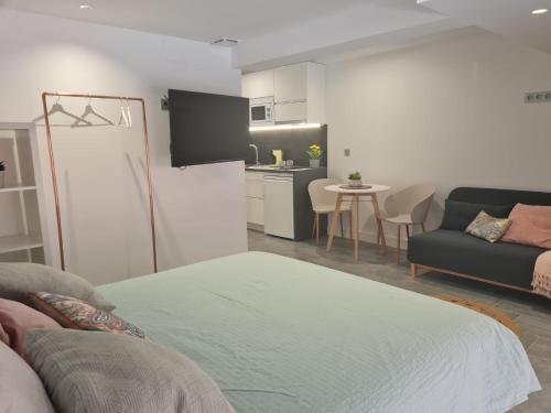 a living room with a couch and a kitchen at LoftinMalaga in Málaga