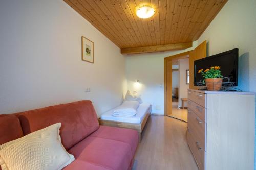 a living room with a couch and a flat screen tv at Ferienbauernhof Oberhauser in Schoppernau