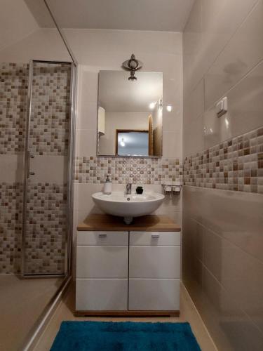 łazienka z umywalką i lustrem w obiekcie Sofija apartmani w mieście Vir