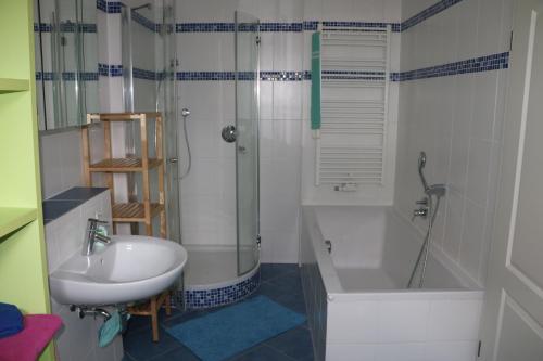 een badkamer met een wastafel, een douche en een bad bij gelbeshaus1 in Schwalbach am Taunus