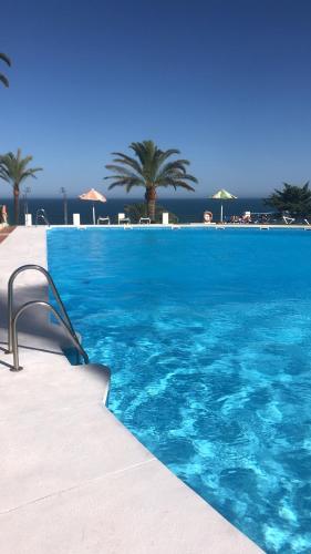 a large blue swimming pool with palm trees in the background at La Roca Sea View Apartment in Torremolinos