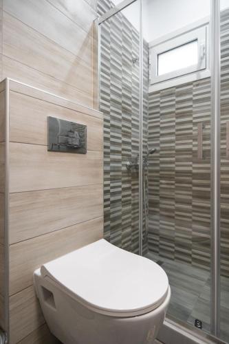 a bathroom with a toilet and a shower at Fotini Apartments in Preveza