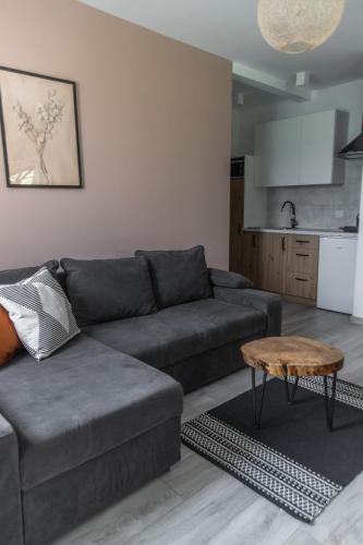 a living room with a couch and a table at W Sercu Mazur in Harsz