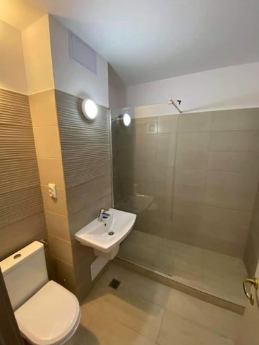 a bathroom with a toilet and a sink and a shower at Mangalia Port in Mangalia