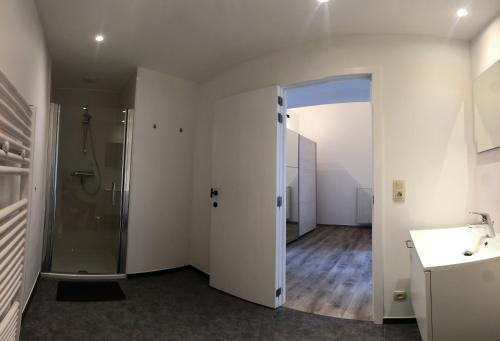 ein Bad mit einer Dusche und einem Waschbecken in der Unterkunft Suite Christina in Ostende