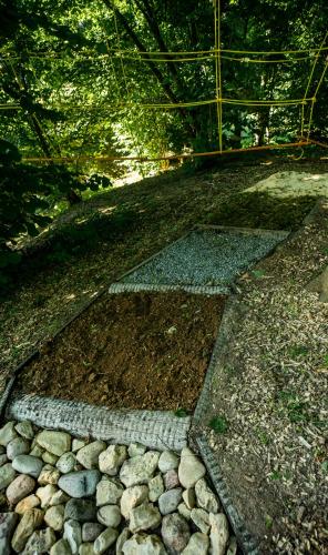 a garden with rocks and trees in a field at Baltās anemones in Jumprava