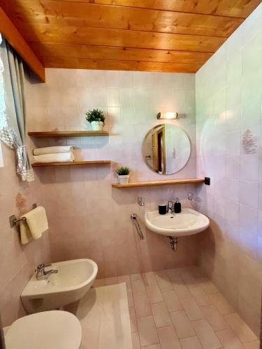 a bathroom with a sink and a mirror at Apartments Spirit of Mountains in Rasun di Sopra