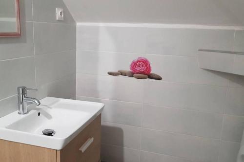 La salle de bains est pourvue d'un lavabo et d'une rose rose rose sur une étagère. dans l'établissement F3 5 personnes proche de Paris, à Coubron