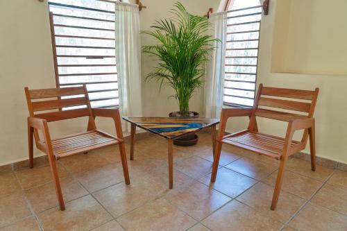 two chairs and a table and a potted plant at Villas Ecotucan in Bacalar