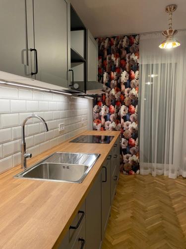 una cocina con fregadero y algunos animales de peluche en la pared en Rynek_28 en Ciężkowice