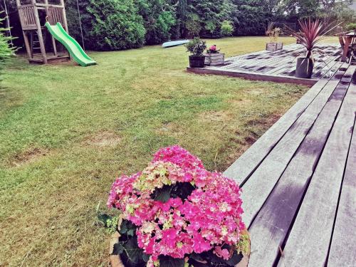 a wooden bench with pink flowers on a yard at 5 person holiday home in Hornb k in Hornbæk