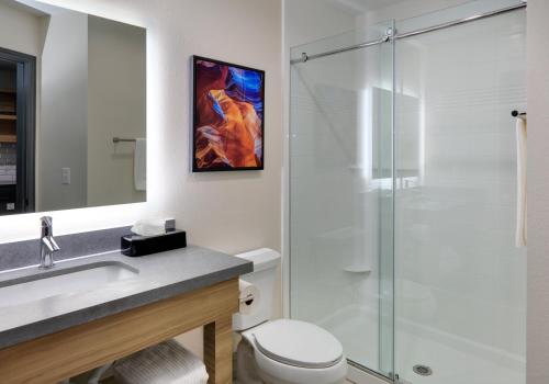 a bathroom with a toilet and a glass shower at Candlewood Suites DFW West - Hurst by IHG in Hurst