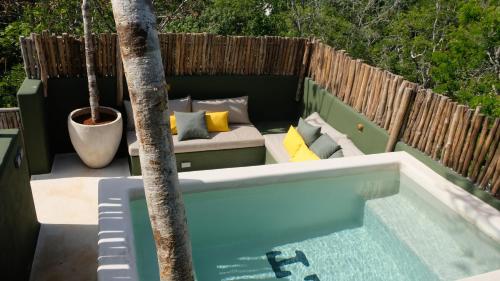 piscina con divano accanto a una palma di Loba Tulum Male Only a Tulum