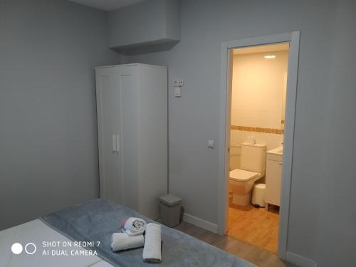 a bedroom with a bed and a bathroom with a toilet at El Colmenar Apartamento in Madrid