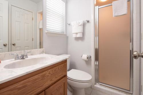 ein Badezimmer mit Toilette, Waschbecken und Dusche in der Unterkunft Urban Bungalow WW C301 in New Braunfels