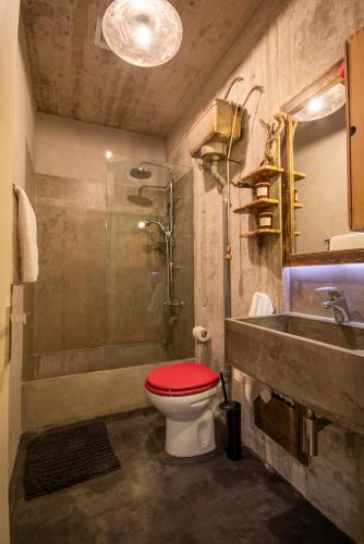 a bathroom with a red toilet and a sink at Corfu Tramezzo designer's House in Bastoúnion