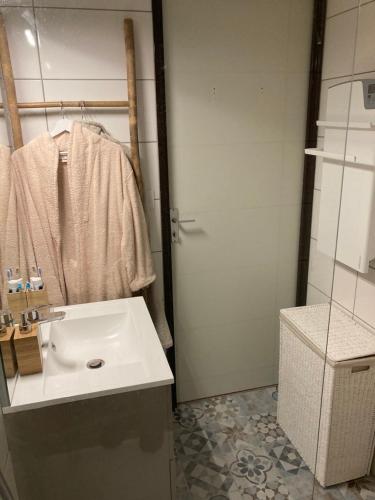 a bathroom with a sink and a shower at Magnifique T3 au Pla D Adet (Saint Lary)grand confort entièrement refait à neuf avec une vue exceptionnelle sur la vallée in Saint-Lary-Soulan