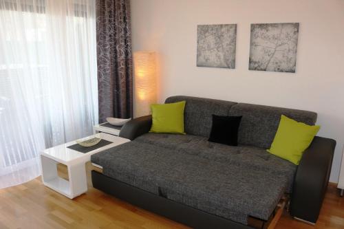 a living room with a couch and a table at Modern Danube Apartment Vienna in Vienna