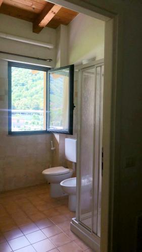 a bathroom with a toilet and a window at Residence i Fiori in Piantedo