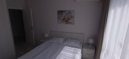 um quarto com uma cama e uma fotografia na parede em La Mer Residence em Golden Sands