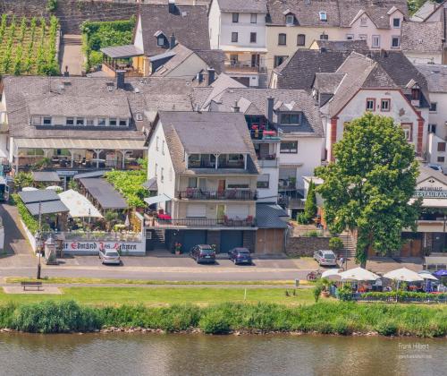 een luchtzicht op een stad naast de rivier bij Ferienhaus An der Mosel in Zell an der Mosel