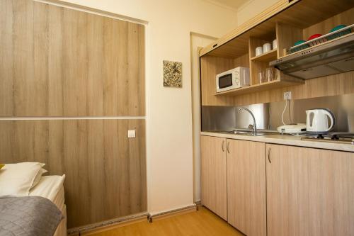 una pequeña cocina con fregadero y microondas en Rea Hotel, en Faliraki