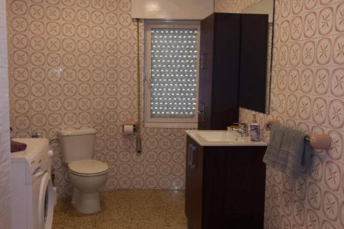 a bathroom with a toilet and a sink and a window at Apartamentos Campomanes 2 in Campomanes