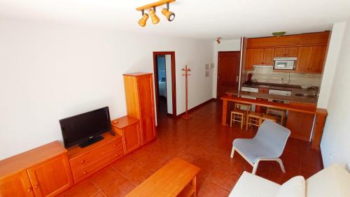 a living room with a television and a kitchen at Apartamentos San Vicente Playa in San Vicente de la Barquera
