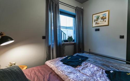 1 dormitorio con cama y ventana en Apartament SPOKOLOKO Wiślańska Złoty B1, en Szczyrk