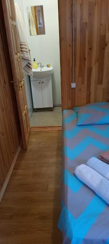 a bedroom with a bed and a sink in a room at Уютный домик 133 причал. in Odesa