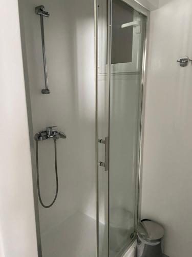 W łazience znajduje się prysznic ze szklanymi drzwiami. w obiekcie Ground floor Apartment in Mykonos Town w mieście Mykonos
