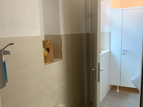 ein Bad mit einer Dusche und einer Glastür in der Unterkunft Kraichgauer Haus in Oberreute