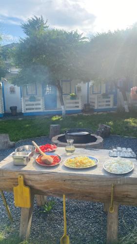 a picnic table with plates of food on it at Manu B&B in Murighiol