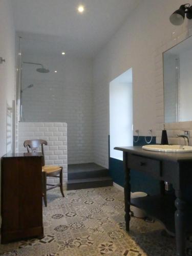 baño con lavabo, mesa y silla en Les Jardins de Xanton, en Xanton-Chassenon