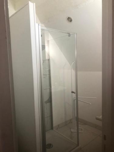 eine Dusche mit Glastür im Bad in der Unterkunft La Vigne dorée in Saint-Martin-des-Champs