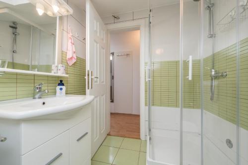 ein Badezimmer mit Waschbecken und Dusche in der Unterkunft Ilia sea view apartment in Novalja