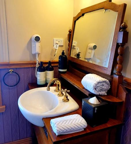 a bathroom with a sink and a mirror at Wandering Trout - Gourmet Stays in Mole Creek
