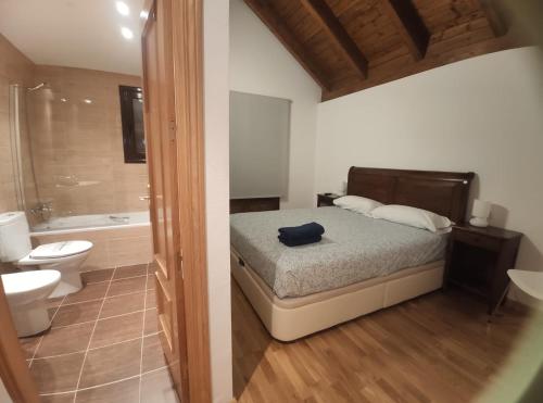 1 dormitorio con 1 cama y baño con bañera en Casa Rayera, en Villanúa