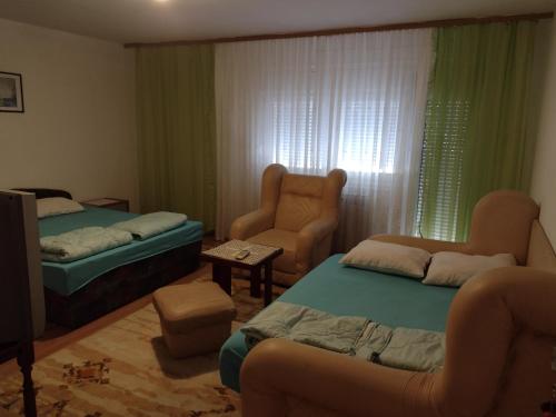 Cette chambre comprend deux lits, un canapé et une chaise. dans l'établissement Ćane Rooms, à Bela Crkva