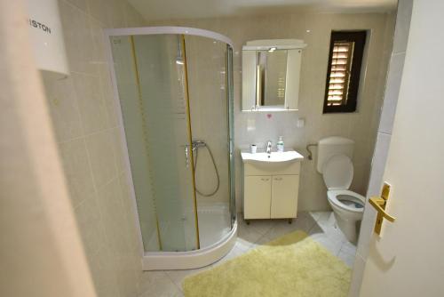 a bathroom with a shower and a toilet and a sink at Igalo Garden Apartment in Herceg-Novi