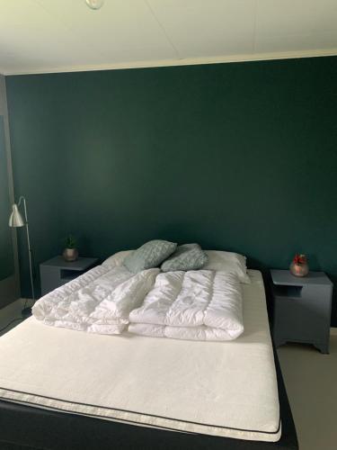 Cama grande en habitación con pared verde en Leilighet med balkong og havutsikt på Napp. en Napp