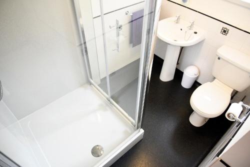 een badkamer met een douche, een toilet en een wastafel bij Taigh Rob Self Catering in Culnacnoc